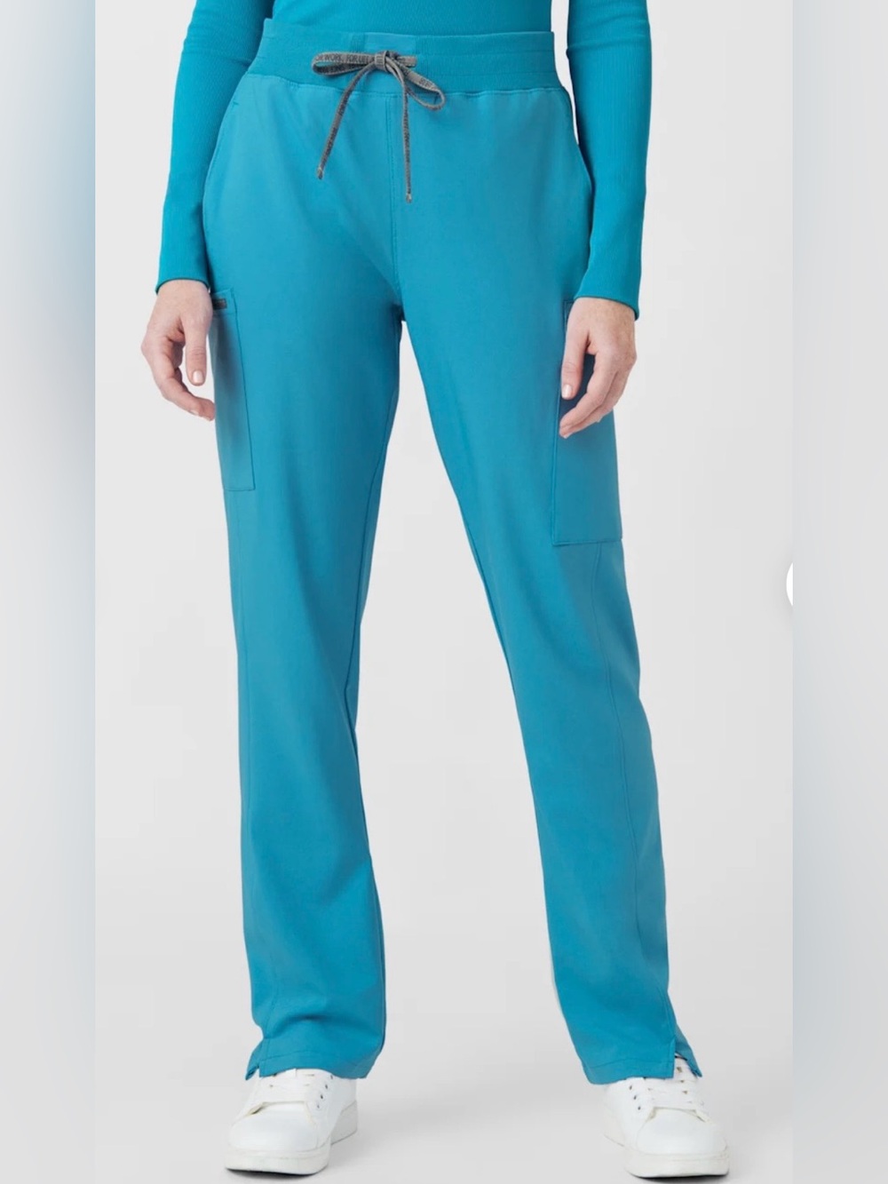 NWT Landau Forward 7-Pocket Cargo Scrub Pants Women M Teal Rib Knit Waist